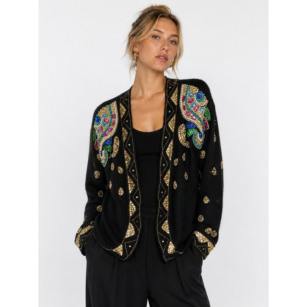Vintage 80s Glam Beaded Sequin Silk Angora Cardigan Large Black Maximalist